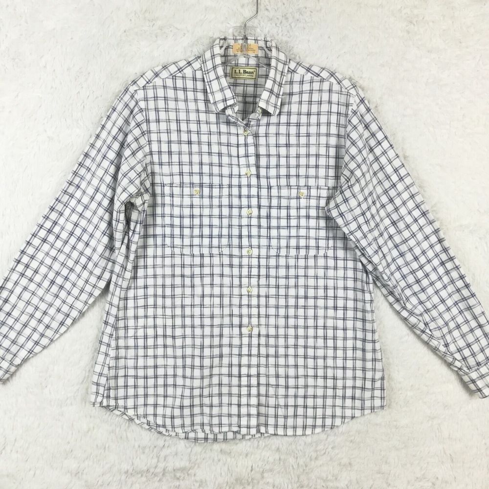 Vtg L.L. Bean Womens Shirt Button Up Single Needle Tailoring White Blue Plaid 14